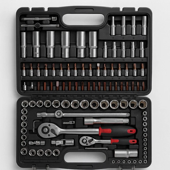 Lokma Seti 108 Parça 1/2'' 1/4'' Cr-V Çelik 6 Köşe Lokma Anahtar Takımı Profosyonel Tamir Seti - Resim 3