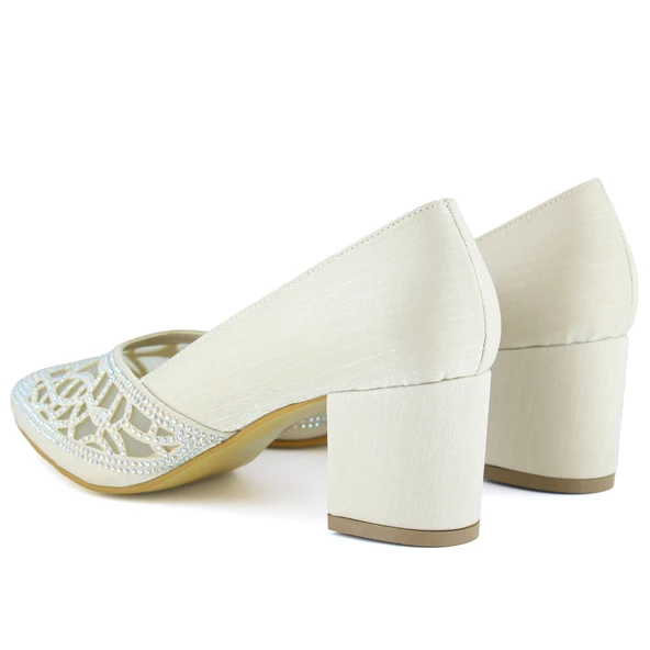 Erkan Saçmacı Patricia Ten Saten Taşlı Fileli Sivri Burun Kalın Topuklu Klasik Ayakkabı - Resim 5