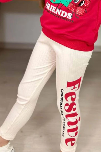 Kız Çocuk Friends Yazı ve Noel Ağacı Detaylı Kırmızı Taytlı Takım - Resim 5