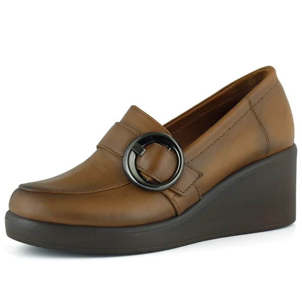 Erkan Saçmacı Madeline Taba Hakiki Dana Derisi Tokalı Yuvarlak Burun Dolgu Topuklu Günlük Ayakkabı ürün görseli