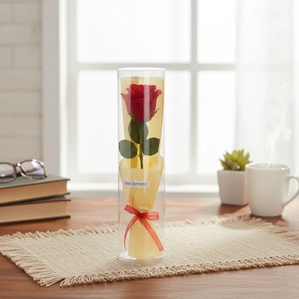 Şeffaf Silindir Kutulu Gül - Öğretmenler Günü Hediyesi - Resim 4