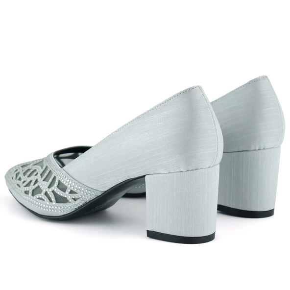 Erkan Saçmacı Patricia Gümüş Saten Taşlı Fileli Sivri Burun Kalın Topuklu Klasik Ayakkabı - Resim 5