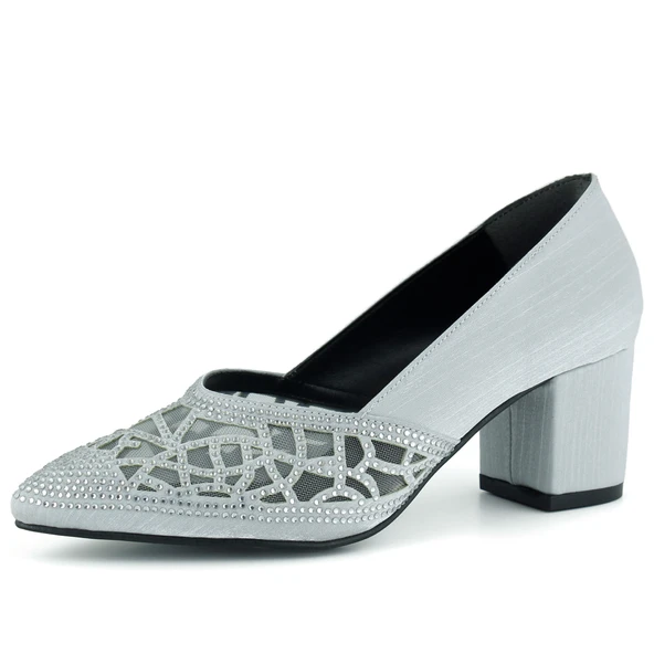 Erkan Saçmacı Patricia Gümüş Saten Taşlı Fileli Sivri Burun Kalın Topuklu Klasik Ayakkabı ürün görseli