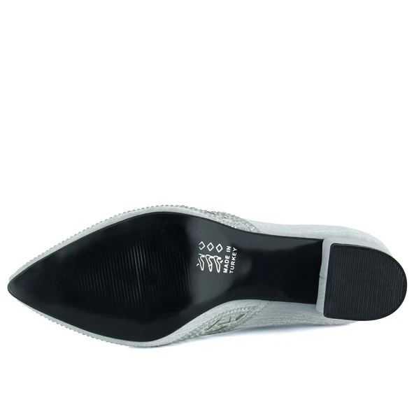 Erkan Saçmacı Patricia Gümüş Saten Taşlı Fileli Sivri Burun Kalın Topuklu Klasik Ayakkabı - Resim 6