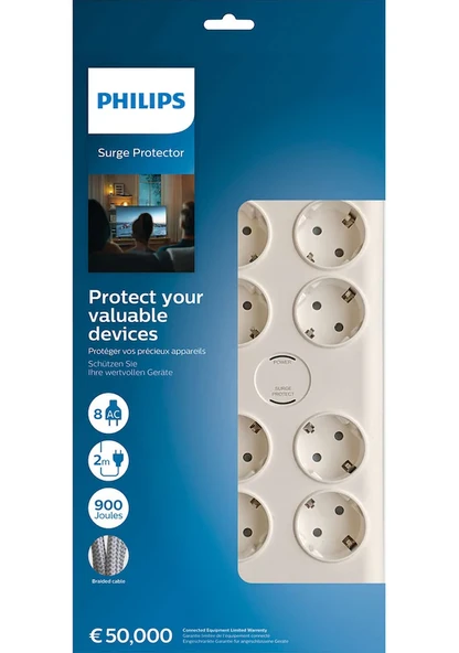 Philips SPN7080WA/62 900J 8'li Akım Korumalı Priz 2 Metre Beyaz Uzatma Kablosu - Resim 2