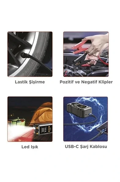 8000 Mah Taşnabilir Dijital Ekranlı Araç Akü Takviyeli,Powerbank,Işıklı Oto Hava Kompresörü - Resim 4