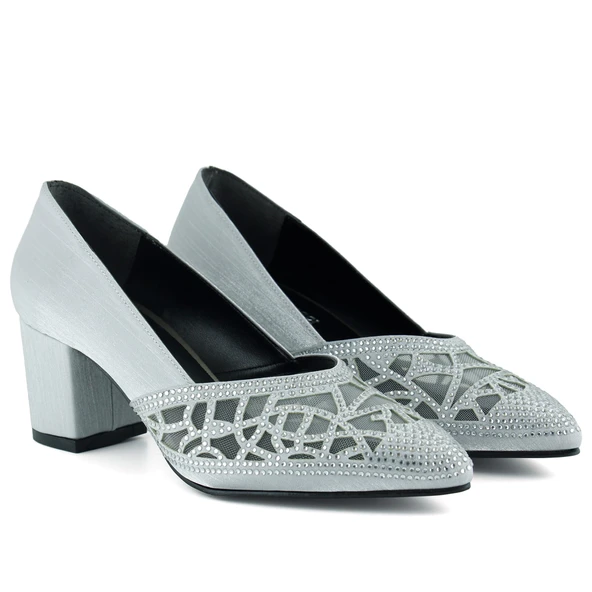Erkan Saçmacı Patricia Gümüş Saten Taşlı Fileli Sivri Burun Kalın Topuklu Klasik Ayakkabı - Resim 3