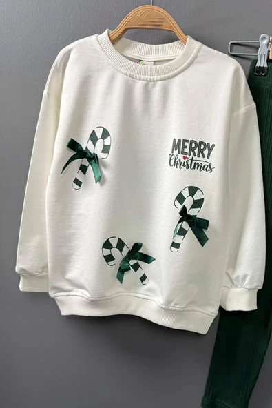 Kız Çocuk Üzerinde Baston Şeker ve Christmas Baskılı 2 İpli Kazak Fitilli Yeşil Taytlı Takım - Resim 6