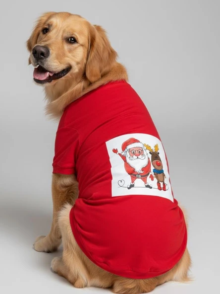 Noel Baba ve Geyik Baskılı Kırmızı Pamuklu Yılbaşı Köpek Tişörtü | Orta ve Büyük Irklar İçin - Resim 2
