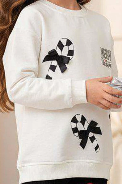 Kız Çocuk Üzerinde Baston Şeker ve Christmas Baskılı 2 İpli Kazak Fitilli Siyah Taytlı Takım - Resim 6