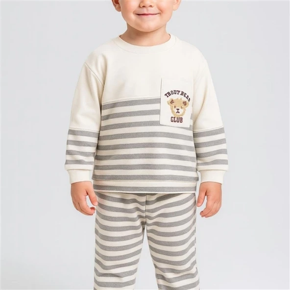 Ayıcık Nakış Cepli Erkek Bebek İkili Takım - Gri ürün görseli