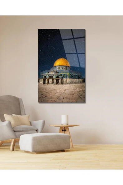 Kudüs Kubbetüs Sahra Mescidi Aksa Cam Tablo Dini İslami Modern Ev Ofis Salon Hediyelik Büyük Tablo ürün görseli