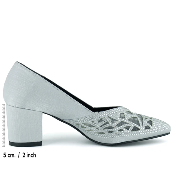 Erkan Saçmacı Patricia Gümüş Saten Taşlı Fileli Sivri Burun Kalın Topuklu Klasik Ayakkabı - Resim 2