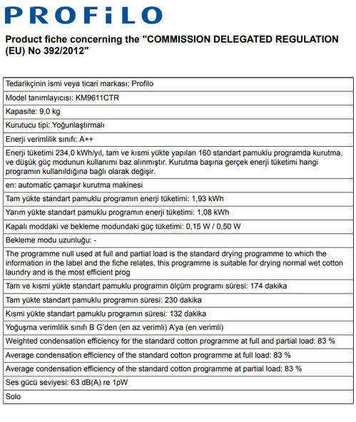 Profilo KM9611CTR 9 KG Isı Pompalı Çamaşır Kurutma Makinesi - Resim 5