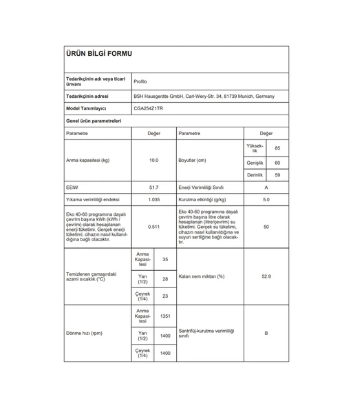 Profilo CGA254Z1TR 10 KG 1400 Devir Çamaşır Makinesi - Resim 6