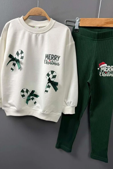 Kız Çocuk Üzerinde Baston Şeker ve Christmas Baskılı 2 İpli Kazak Fitilli Yeşil Taytlı Takım - Resim 3