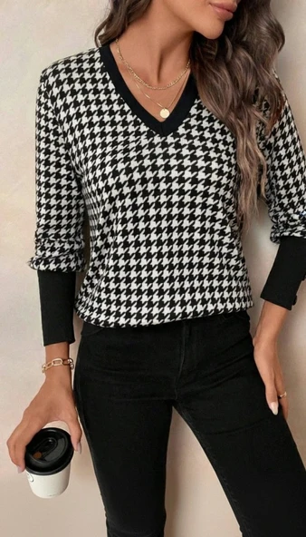 Lucky Life Kadın Uzun Kollu V Yakalı Desenli Süprem Bluz - Resim 2