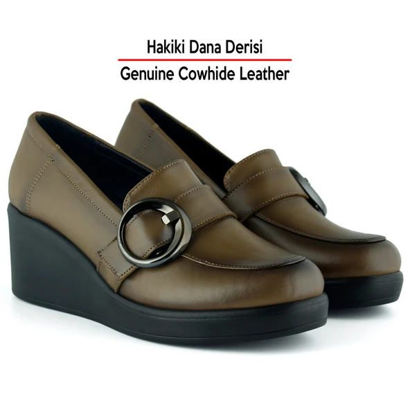 Erkan Saçmacı Madeline Ceviz Hakiki Dana Derisi Tokalı Yuvarlak Burun Dolgu Topuklu Günlük Ayakkabı - Resim 3