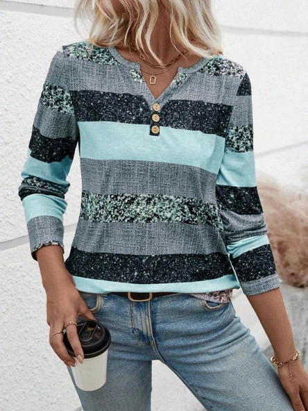 Lucky Life Kadın Uzun Kollu Yakadan Düğmeli çizgili Desenli Süprem Bluz - Resim 3