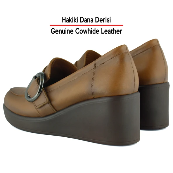 Erkan Saçmacı Madeline Taba Hakiki Dana Derisi Tokalı Yuvarlak Burun Dolgu Topuklu Günlük Ayakkabı - Resim 5