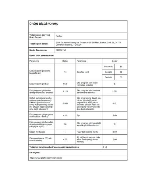 Profilo BMS521V1 5 Programlı 14 Kişilik Bulaşık Makinesi - Resim 3