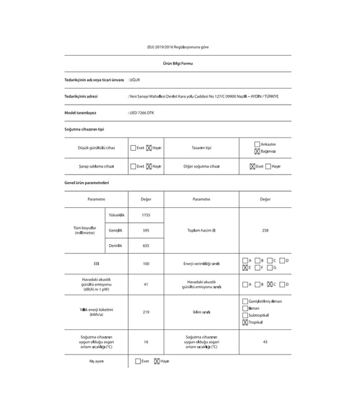 Uğur UED 7266 DTK 258 LT 7 Çekmeceli Dikey Derin Dondurucu - Resim 5