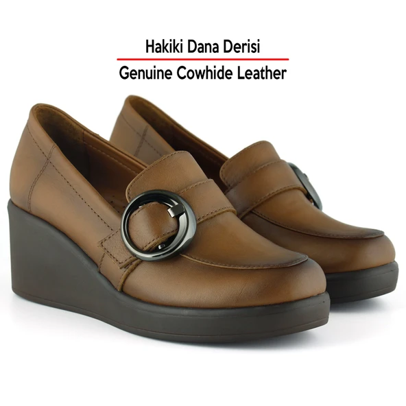 Erkan Saçmacı Madeline Taba Hakiki Dana Derisi Tokalı Yuvarlak Burun Dolgu Topuklu Günlük Ayakkabı - Resim 3