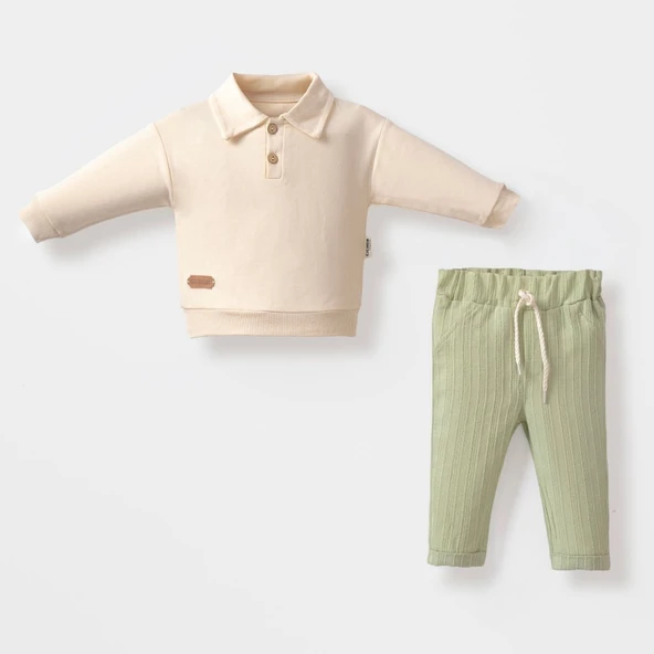 Yaka Düğmeli Erkek Bebek Keten Pantolonlu Takım - Yeşil ürün görseli