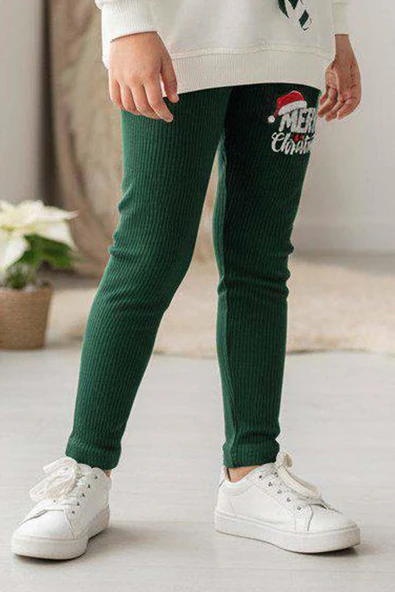 Kız Çocuk Üzerinde Baston Şeker ve Christmas Baskılı 2 İpli Kazak Fitilli Yeşil Taytlı Takım - Resim 5