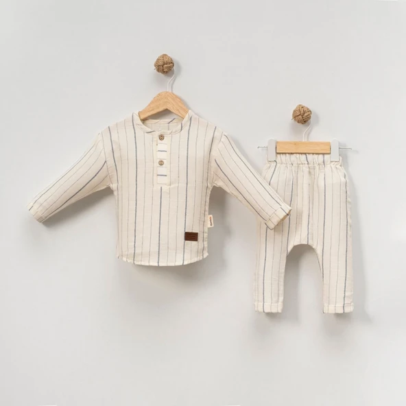 Lacivert Çizgi Erkek Bebek Müslin İkili Takım ürün görseli