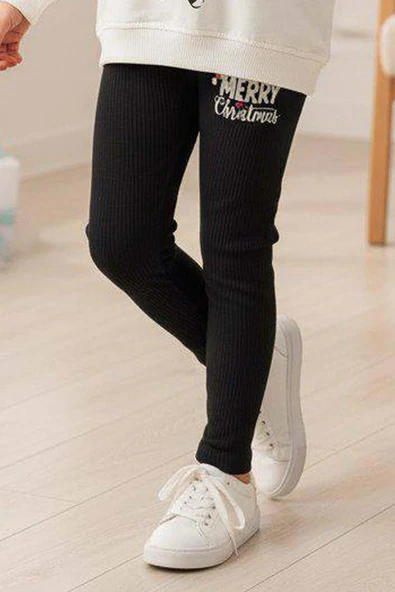 Kız Çocuk Üzerinde Baston Şeker ve Christmas Baskılı 2 İpli Kazak Fitilli Siyah Taytlı Takım - Resim 5