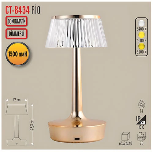 Cata Ct-8434 Rio Şarjlı Masa Lambası Tek Anahtarla 3 Renk - Resim 2