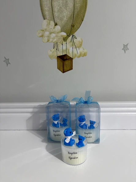 Yeni Doğan Erkek Bebek Doğum Tebrik Hediyesi Şeffaf Asetatlı Kutuda Sevimli Ayıcık Tasarım Mum - Resim 5