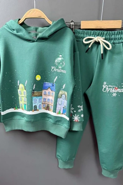 Kız Erkek Çocuk Kar Tanesi ve Bina Digital Baskılı Yazı Detaylı Christmas Yeşil Eşofman Takım - Resim 6