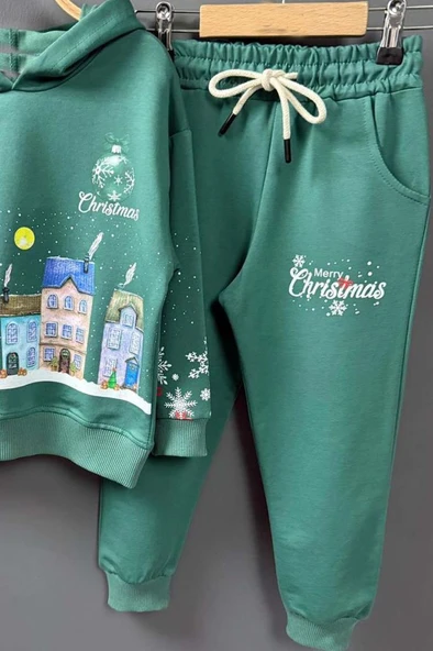 Kız Erkek Çocuk Kar Tanesi ve Bina Digital Baskılı Yazı Detaylı Christmas Yeşil Eşofman Takım - Resim 3