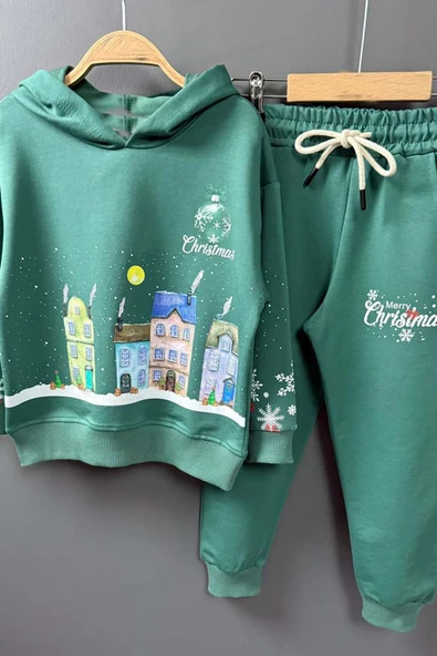 Kız Erkek Çocuk Kar Tanesi ve Bina Digital Baskılı Yazı Detaylı Christmas Yeşil Eşofman Takım - Resim 9