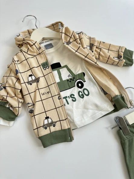 Erkek Bebek 3'lü Araba Desenli Yeşil Takım - Resim 2