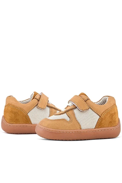 Rakerplus Bob Hakiki Deri Taba Krem Barefoot Cırtlı Lastikli Bebek Sneaker Ayakkabı - Resim 8