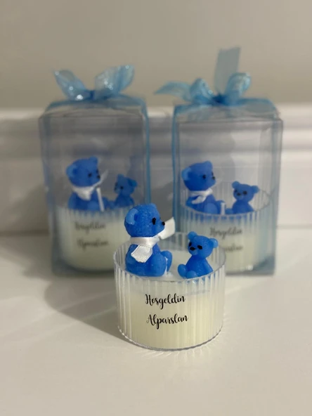 Yeni Doğan Erkek Bebek Doğum Tebrik Hediyesi Şeffaf Asetatlı Kutuda Sevimli Ayıcık Tasarım Mum - Resim 4