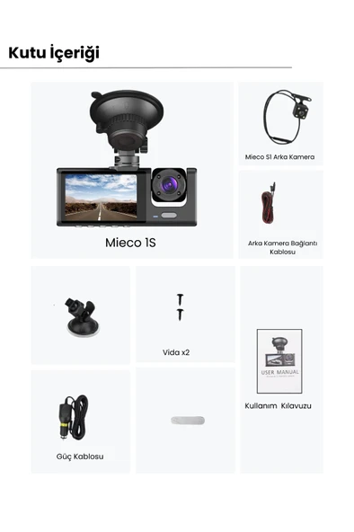 Mieco 1S 3 Kameralı Araç Kamerası Seti - Wifi / App / Fhd/ 170 Ultra Geniş Açı/ G-sensörü/ + Park Kiti - Resim 4