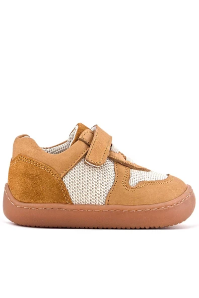 Rakerplus Bob Hakiki Deri Taba Krem Barefoot Cırtlı Lastikli Bebek Sneaker Ayakkabı - Resim 3