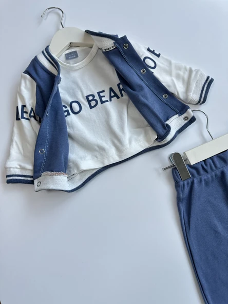 Ayıcık Desenli 3'lü Erkek Bebek Kolej Takım Seti - MAVİ - Resim 2