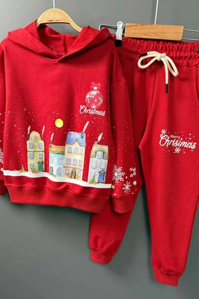 Kız Erkek Çocuk Kar Tanesi ve Bina Digital Baskılı Yazı Detaylı Christmas Kırmızı Eşofman Takım - Resim 5