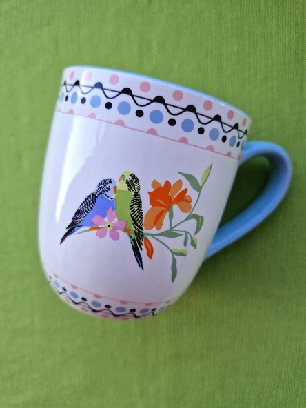 Londra'dan Cath Kidston Çok Renkli Aşk Muhabbet Kuşları Desenli Çiçekli Porselen Kahvaltı Kupa/Mug - Resim 3