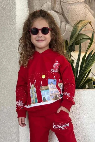 Kız Erkek Çocuk Kar Tanesi ve Bina Digital Baskılı Yazı Detaylı Christmas Kırmızı Eşofman Takım - Resim 6