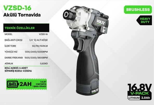 VOLTZ - 1/4 - 16.8 Volt 2 Amper Akülü Tornavida Seti 820 Gram (VZSD-16) - Resim 2