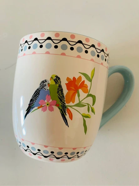 Londra'dan Cath Kidston Çok Renkli Aşk Muhabbet Kuşları Desenli Çiçekli Porselen Kahvaltı Kupa/Mug - Resim 5