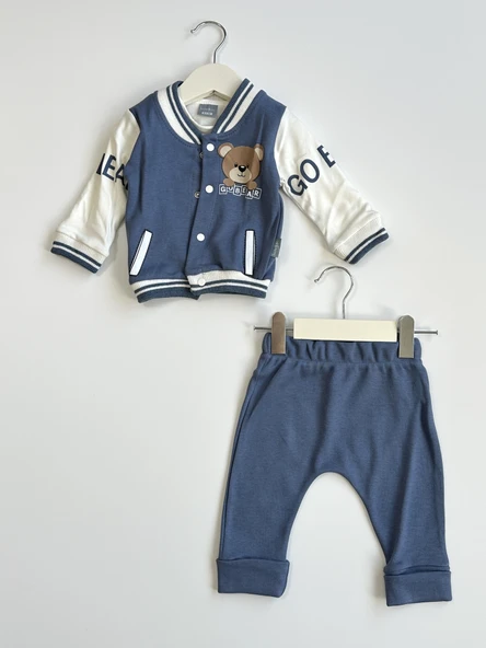 Ayıcık Desenli 3'lü Erkek Bebek Kolej Takım Seti - MAVİ ürün görseli