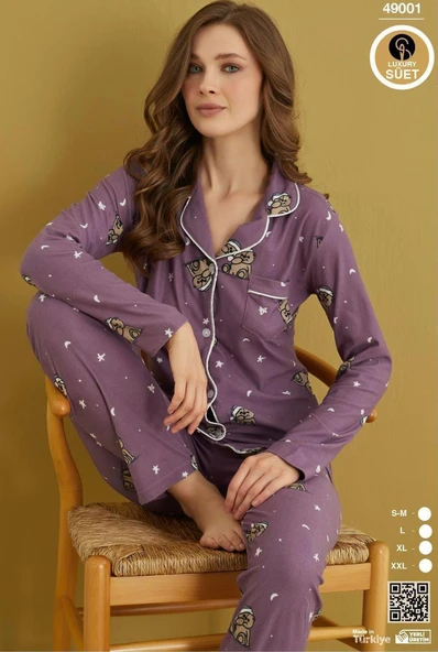 Çağrı Kadın Kışlık Süet Uzun Kollu Önü Düğmeli Yumuşak Dokulu Pijama Takımı - Resim 8