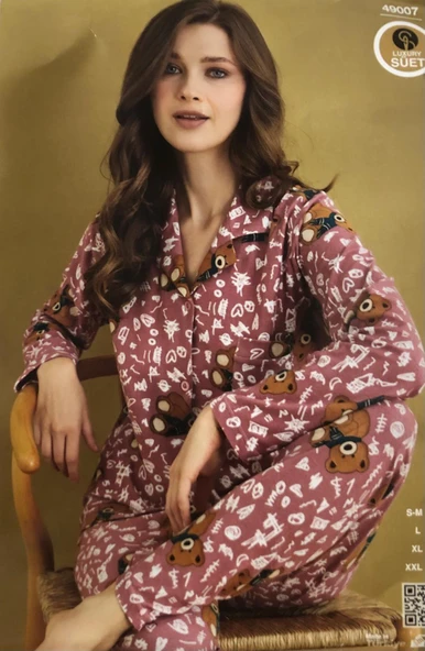 Çağrı Kadın Kışlık Süet Uzun Kollu Önü Düğmeli Yumuşak Dokulu Pijama Takımı - Resim 5